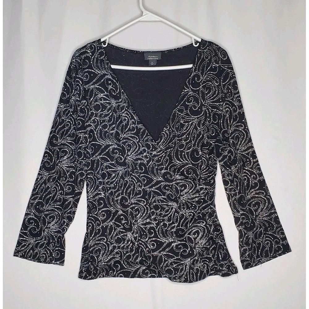 Dressbarn Y2K Faux Wrap Top Womens XL Black Stretch Metallic Diamond 3/4 Witchy